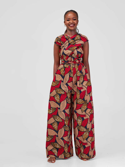 African Yuva Lusaka Infinity Jumpsuit - Red / Brown Leaf Print - Shopzetu
