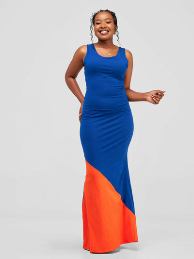 Tuli Zeyara Colour Block Jersey Maxi Dress - Royal Blue & Orange