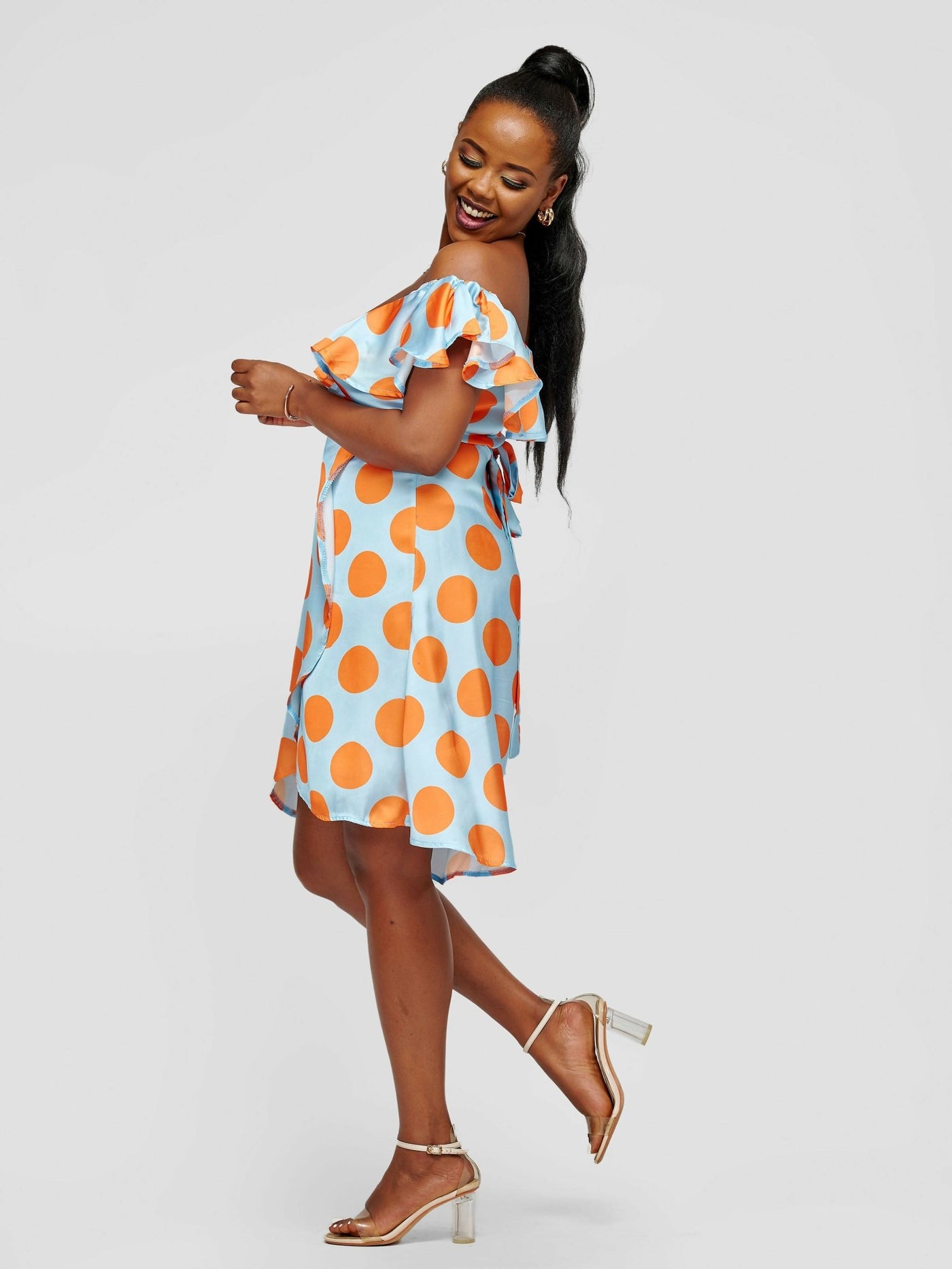 Tuli Lerato Polka Dot Wrap Dress - Blue / Mustard Print - Shopzetu