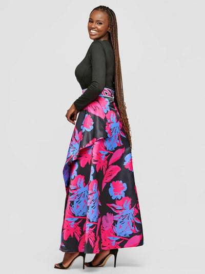 Tuli Lebo Maxi Asymmetrical Skirt - Blue / Pink Print - Shopzetu