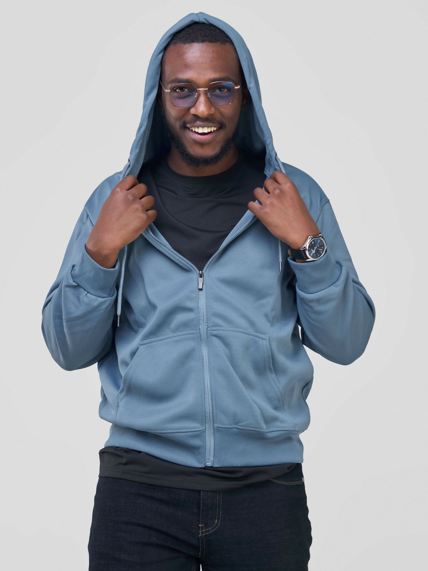 Round Neck With Zip Hoodie - Stone Blue - Shopzetu