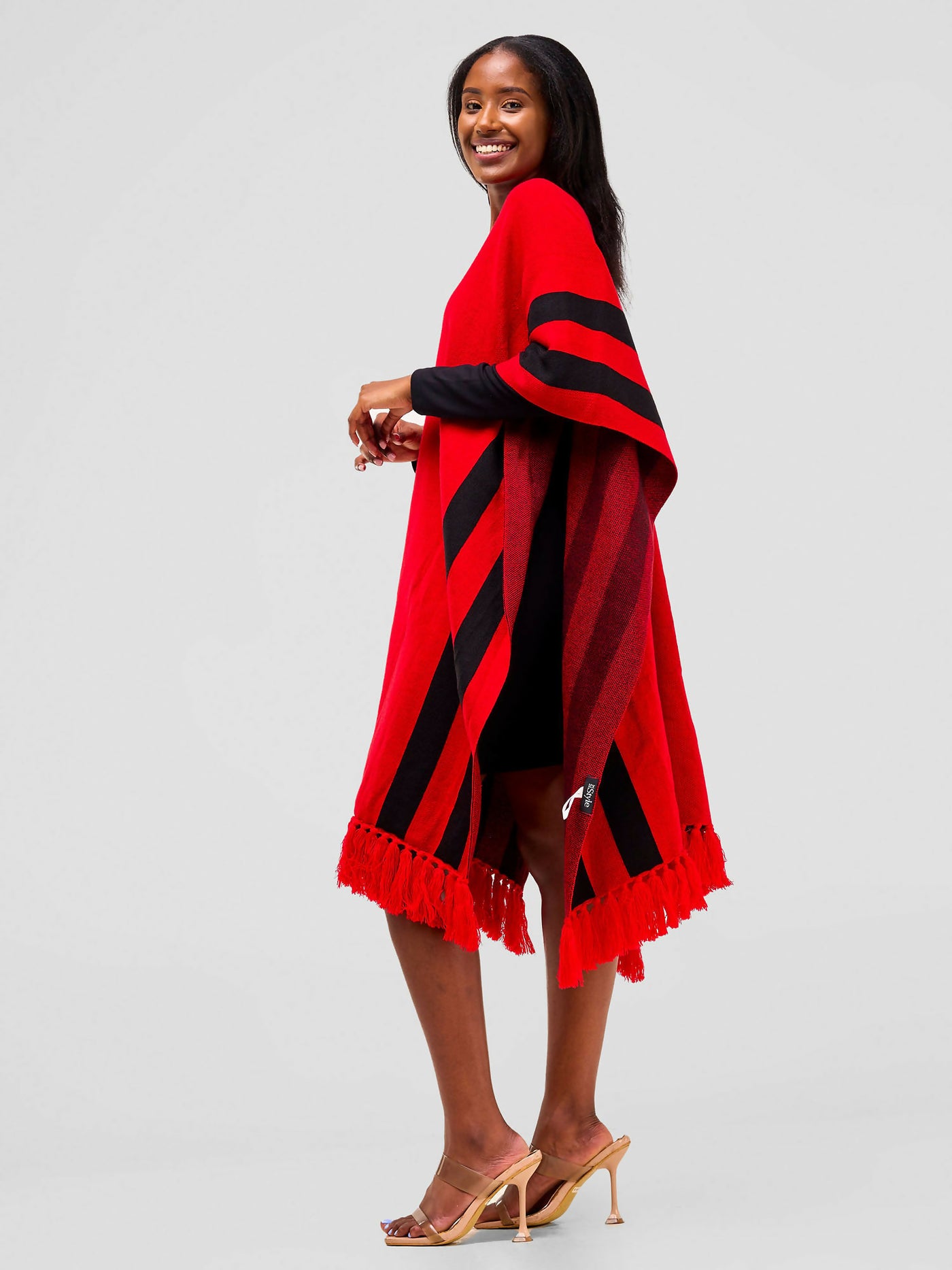 Anel's Knitwear Stari Fringe Poncho - Red / Black