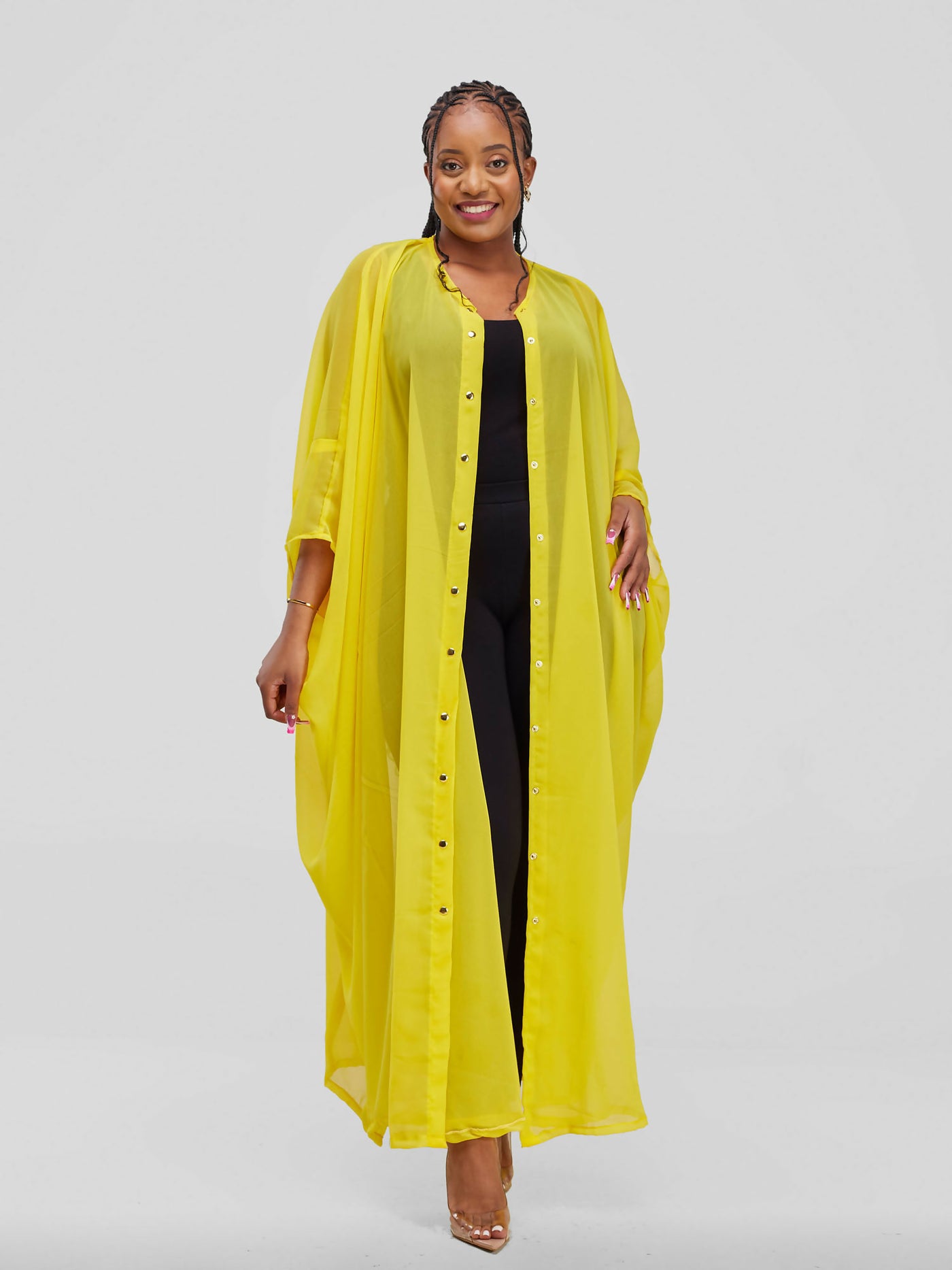 Vazi Afriq Buttoned Chiffon Kaftan Dress - Yellow