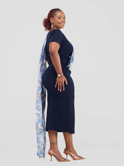 Bold N chic Shimmer Dress With Brocade Tail - Blue