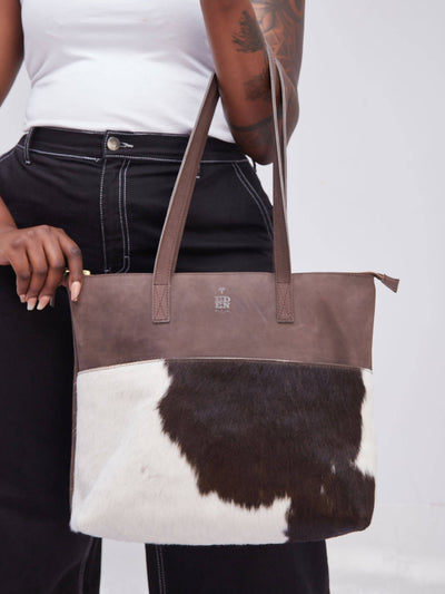 Eden Leather Nanda Tote Bag Hair on - Dark brown - Shopzetu