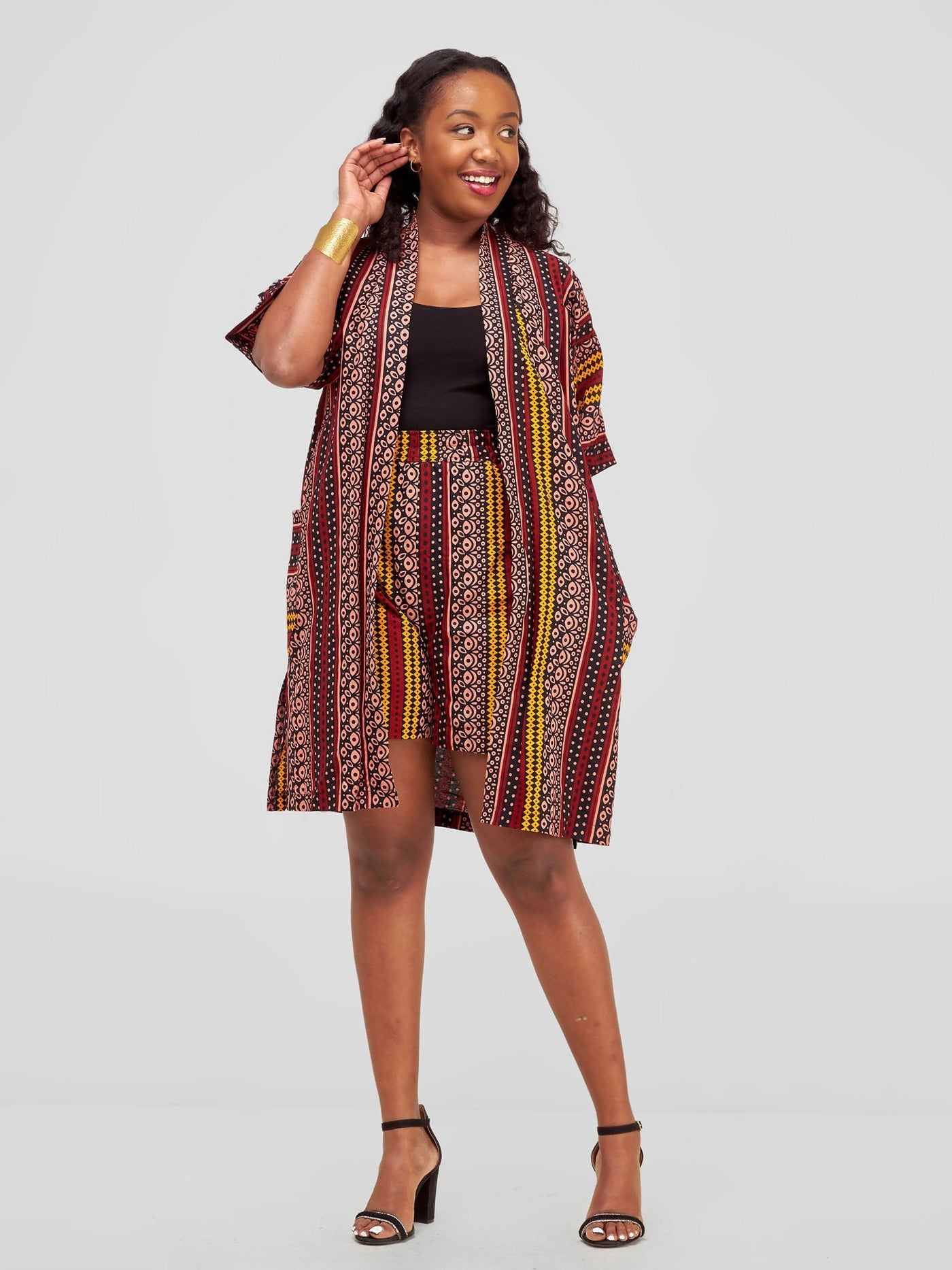 Purple Thread Zulu Short & Kimono Set - Red / Yellow Print - Shopzetu