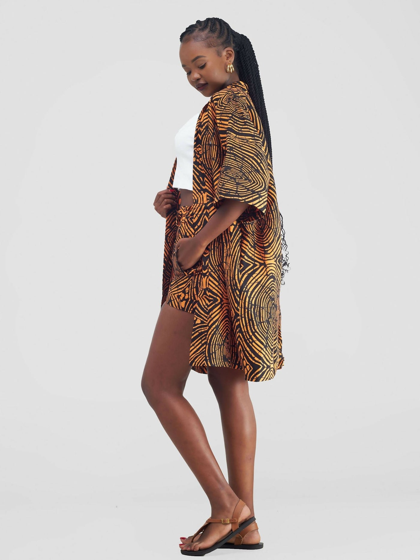 African Yuva Amelia African Print Short Kimono Set - Mustard Print - Shopzetu