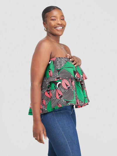 PrettyGline Ankara Off Shoulders Top - Floral Green - Shopzetu