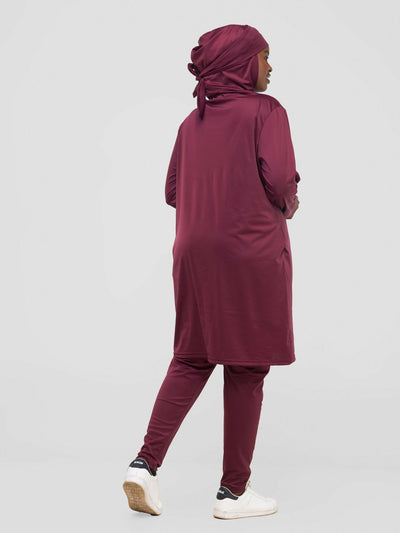 Zaiba Creations Modest Workout Hooded Tunic Top & Leggings - Maroon - Shopzetu