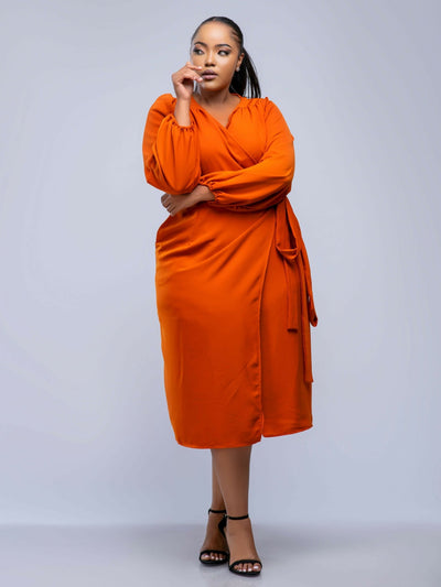 Plainchic Midi Wrap Dress - Burnt Orange - Shopzetu