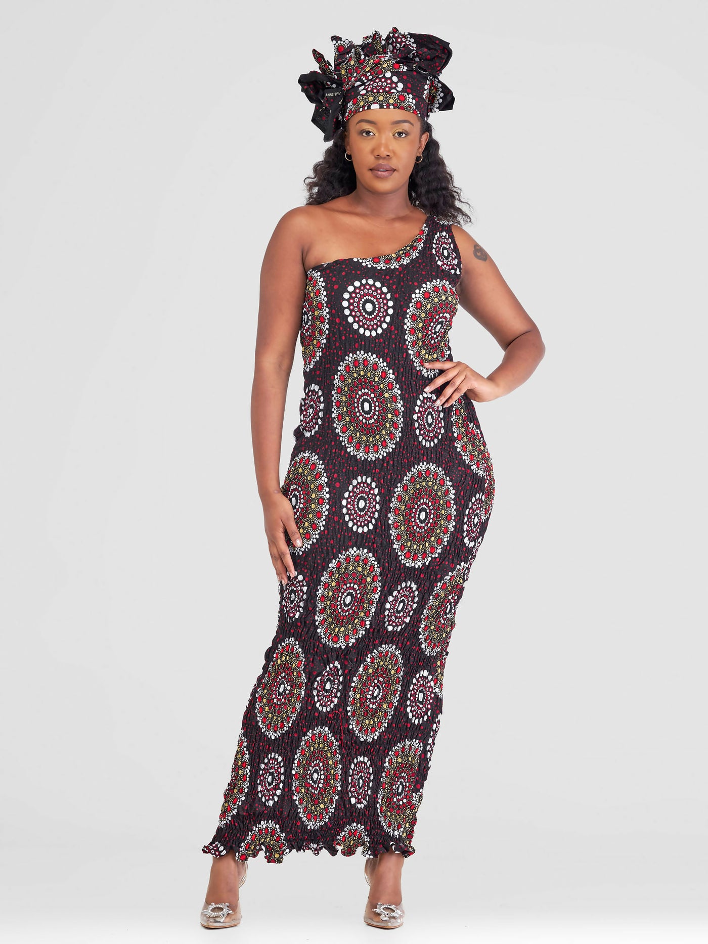 Tayari Fashion House Ricca Ankara Stretch Long Dress - Red Print - Shopzetu