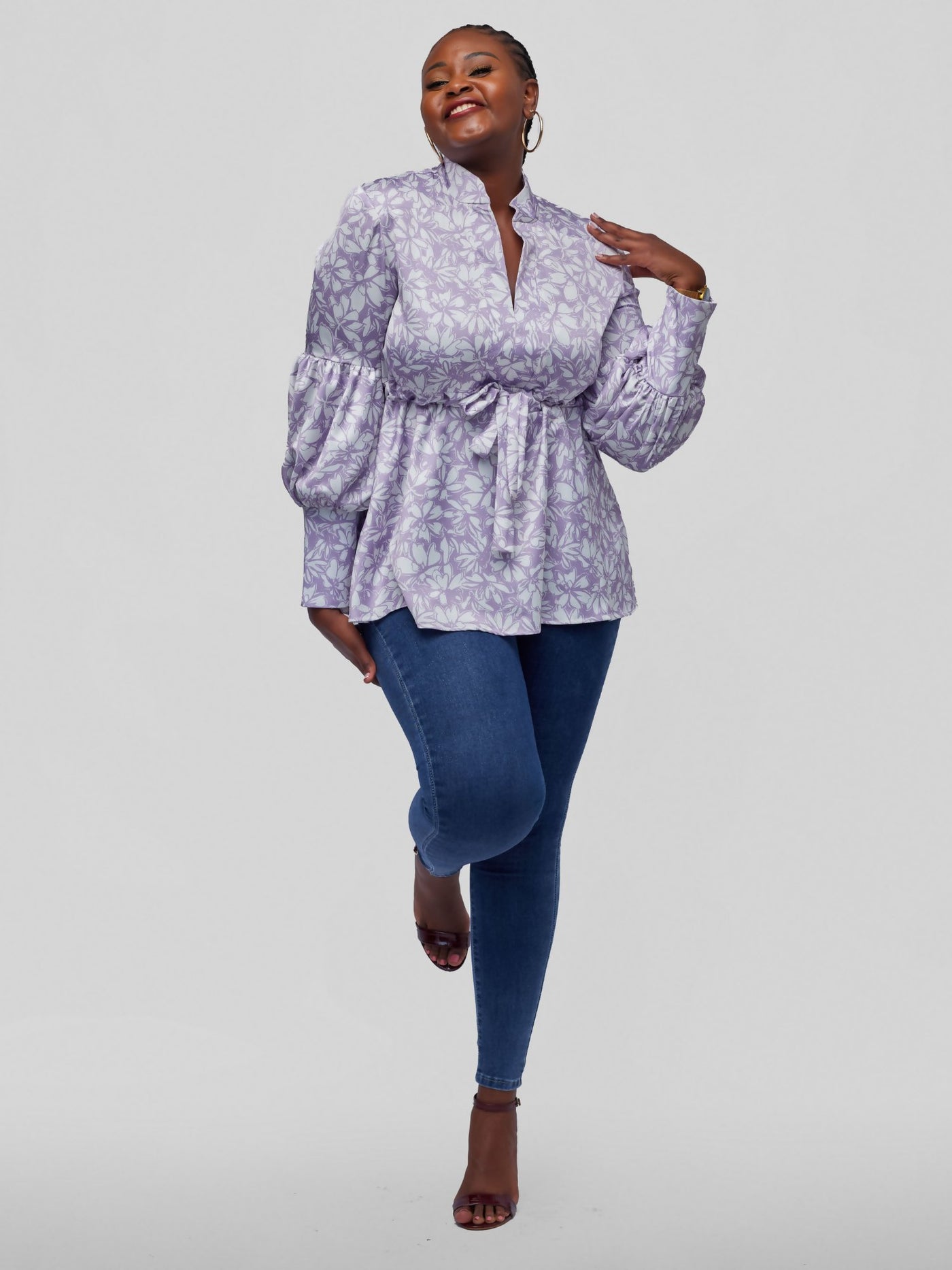 Tuli Ela Long Sleeve Top - Lavender / White Print - Shopzetu