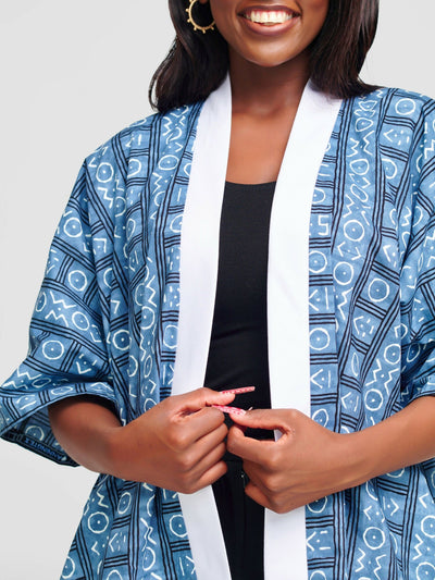 Tuli Nkatha Ankara Print With Button Strand Kimono - Blue / White - Shopzetu