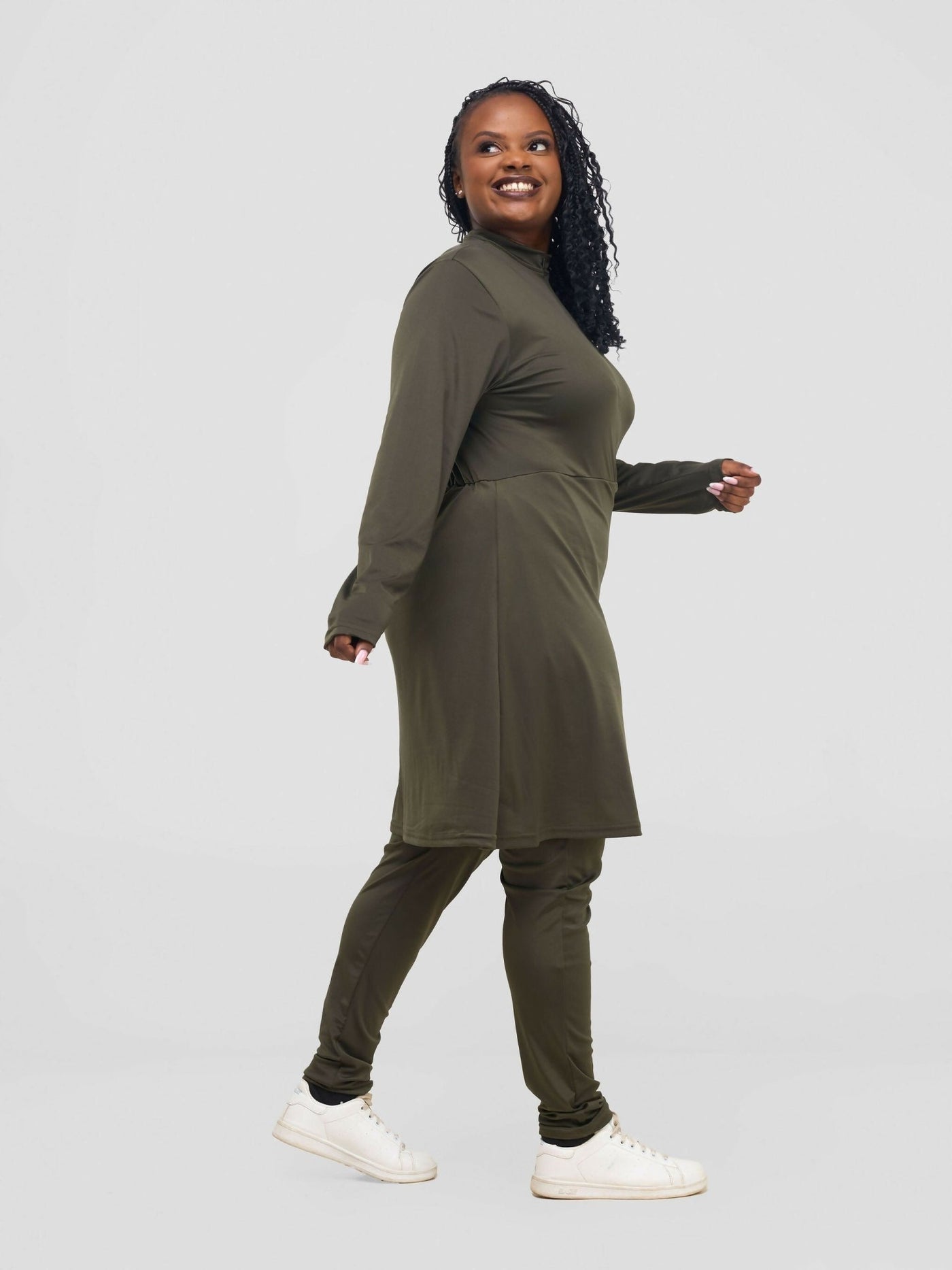 Zaiba Creations Modest Workout Skirt Jumpsuit Set - Olive Green - Shopzetu