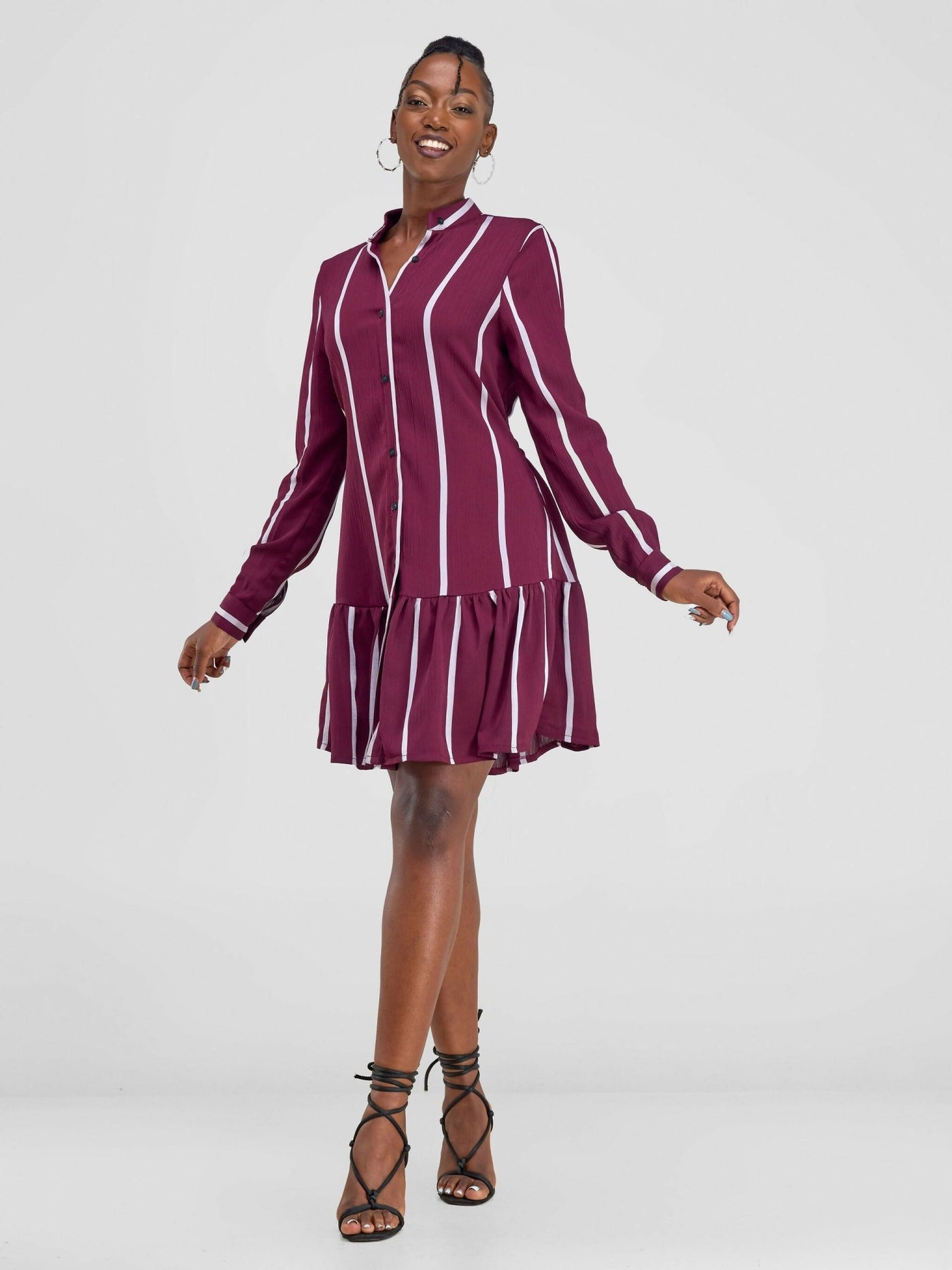 Kilele Collection Romp Stripped Shirt Dress - Maroon - Shopzetu