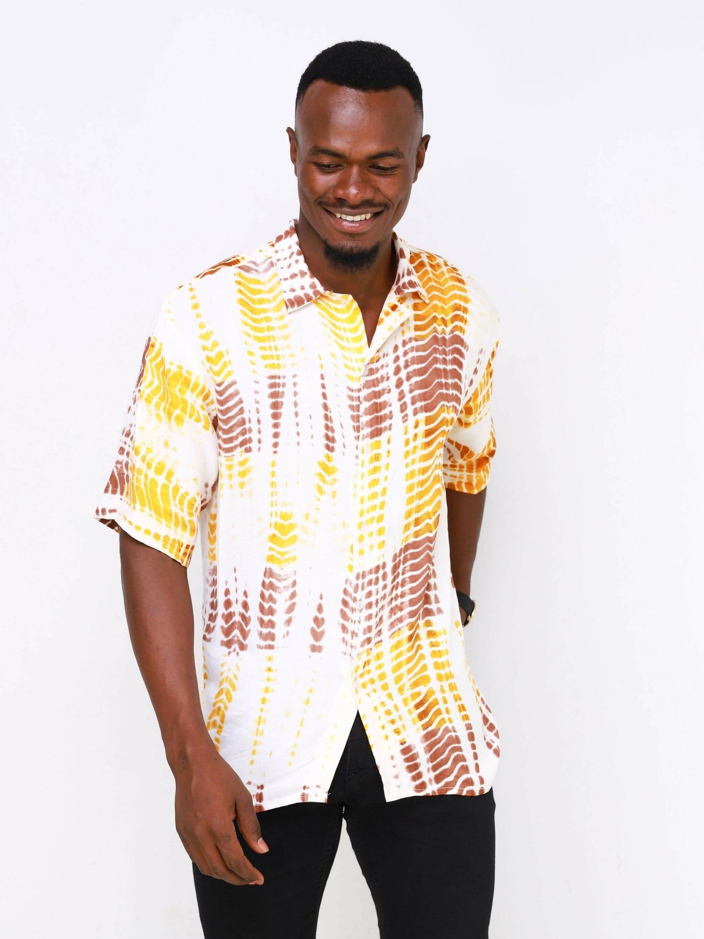 Vazi Afriq Tie & Dye Normal Collar Shirt - Orange / Brown - Shopzetu