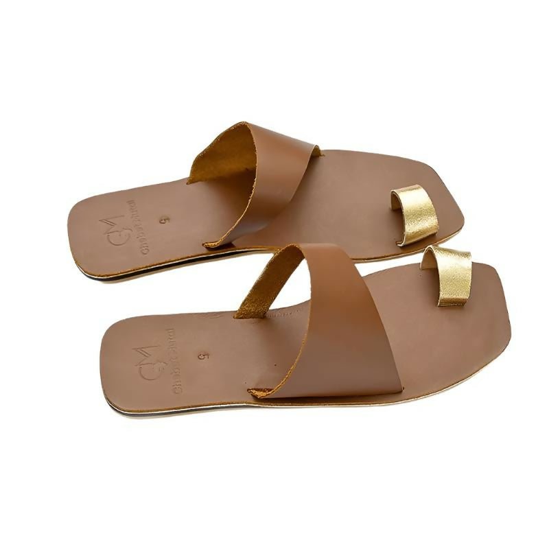 Sauni One Toe Sandals - Brown / Gold - Shopzetu