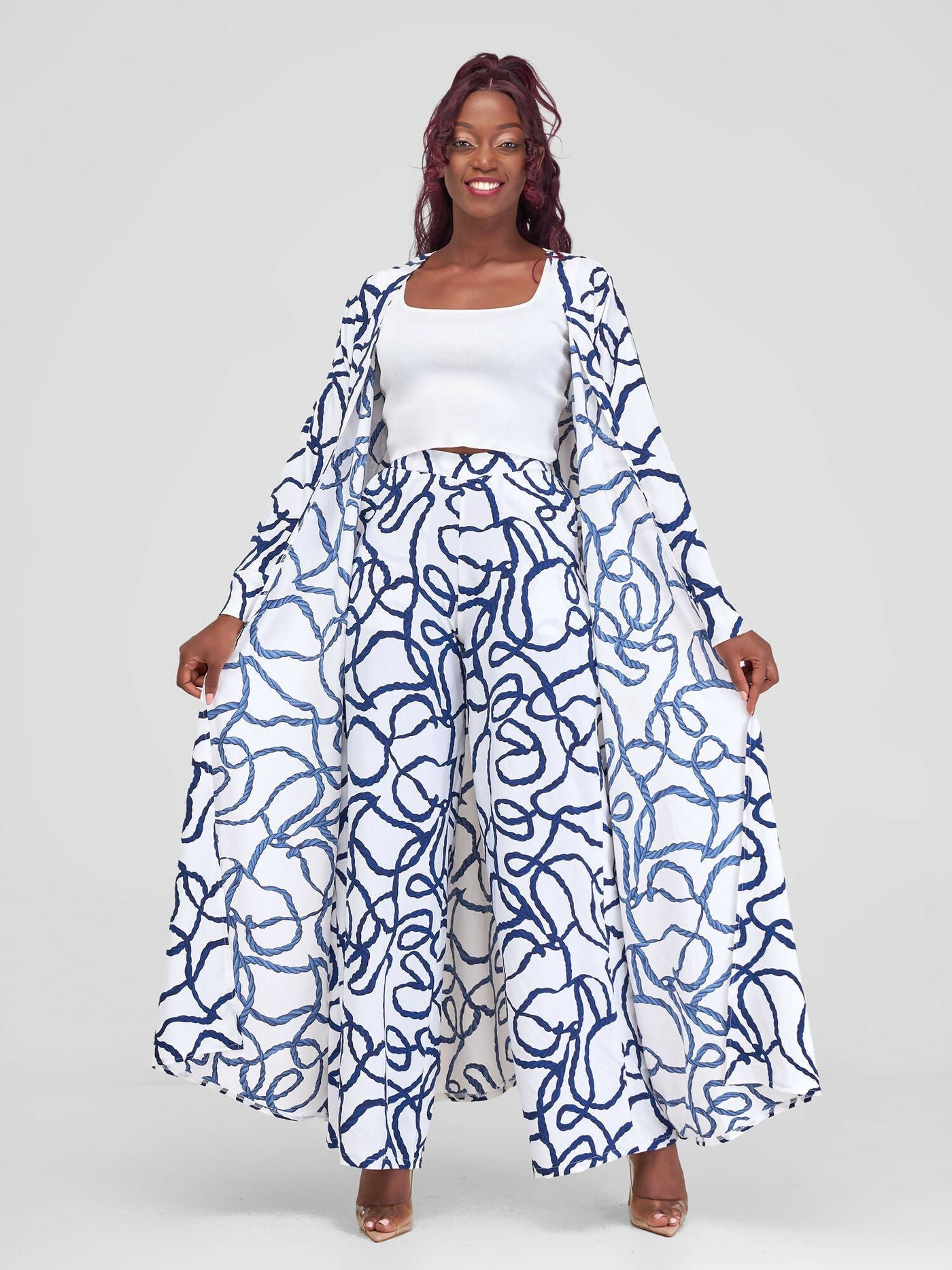 Liliadly Bubbly Kimono Set - White / Navy Blue - Shopzetu