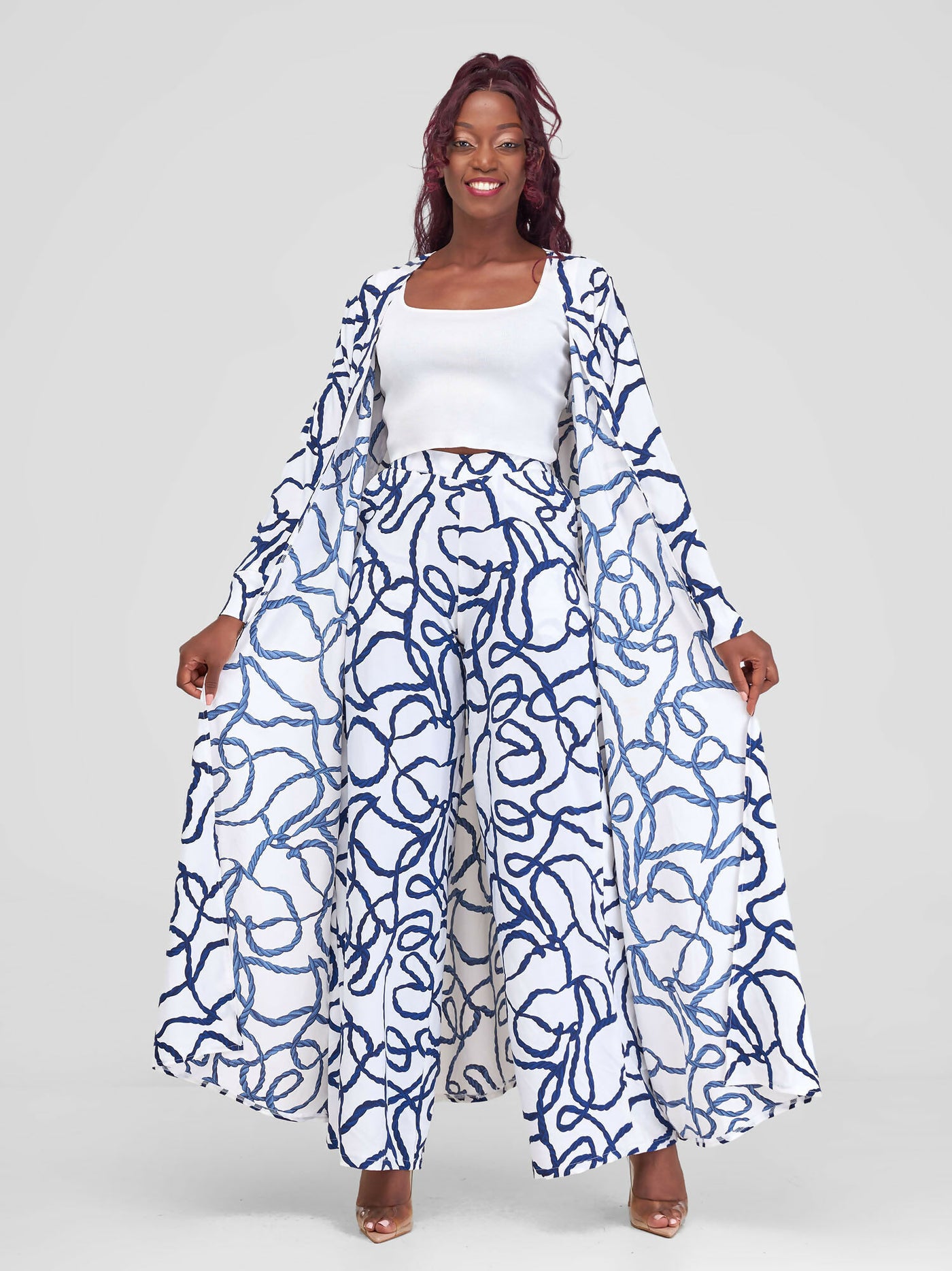 Liliadly Bubbly Kimono Set - White / Navy Blue