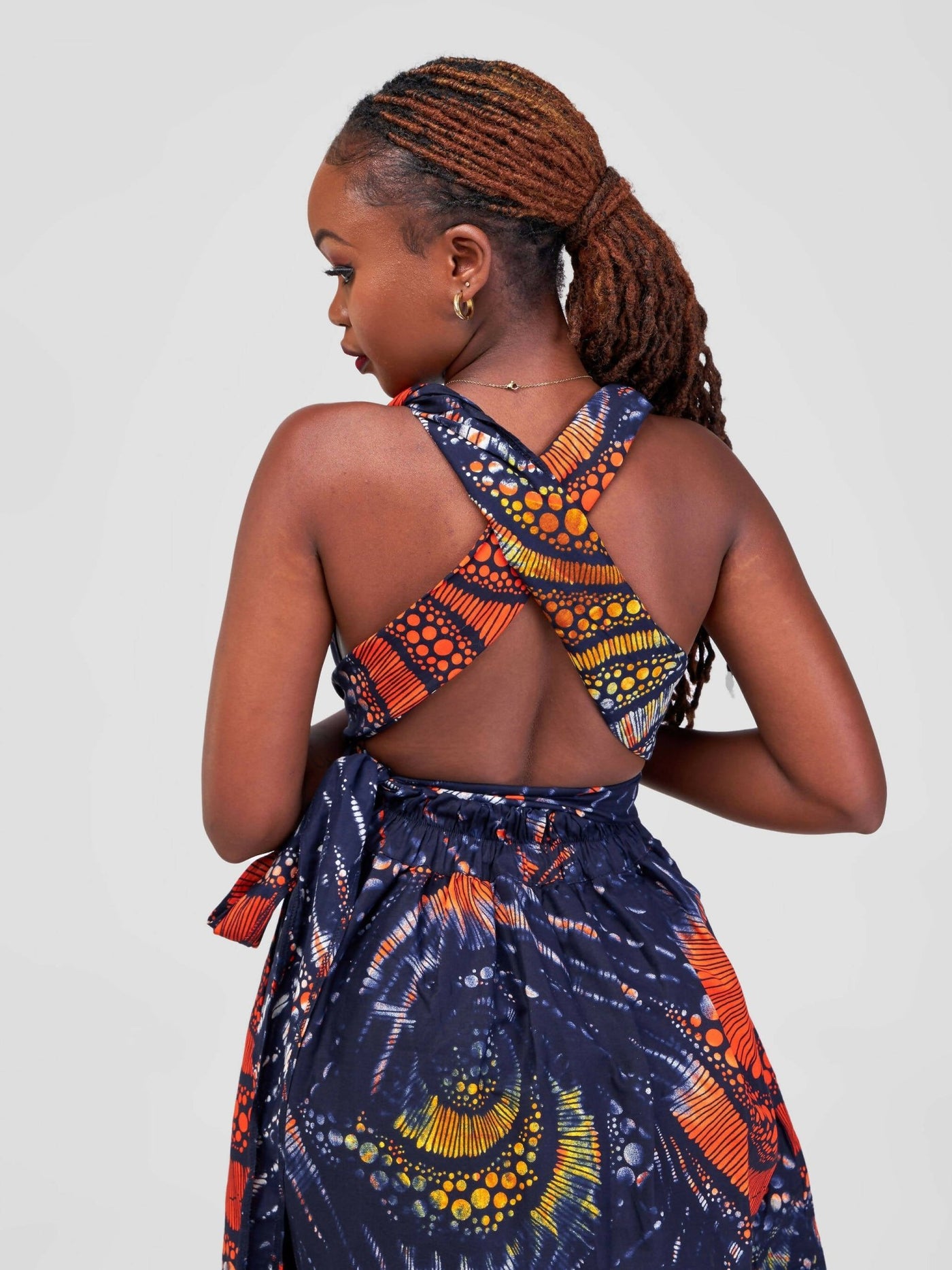 African Yuva Rembo Maxi Dress - Navy / Orange Swirl Kitenge - Shopzetu