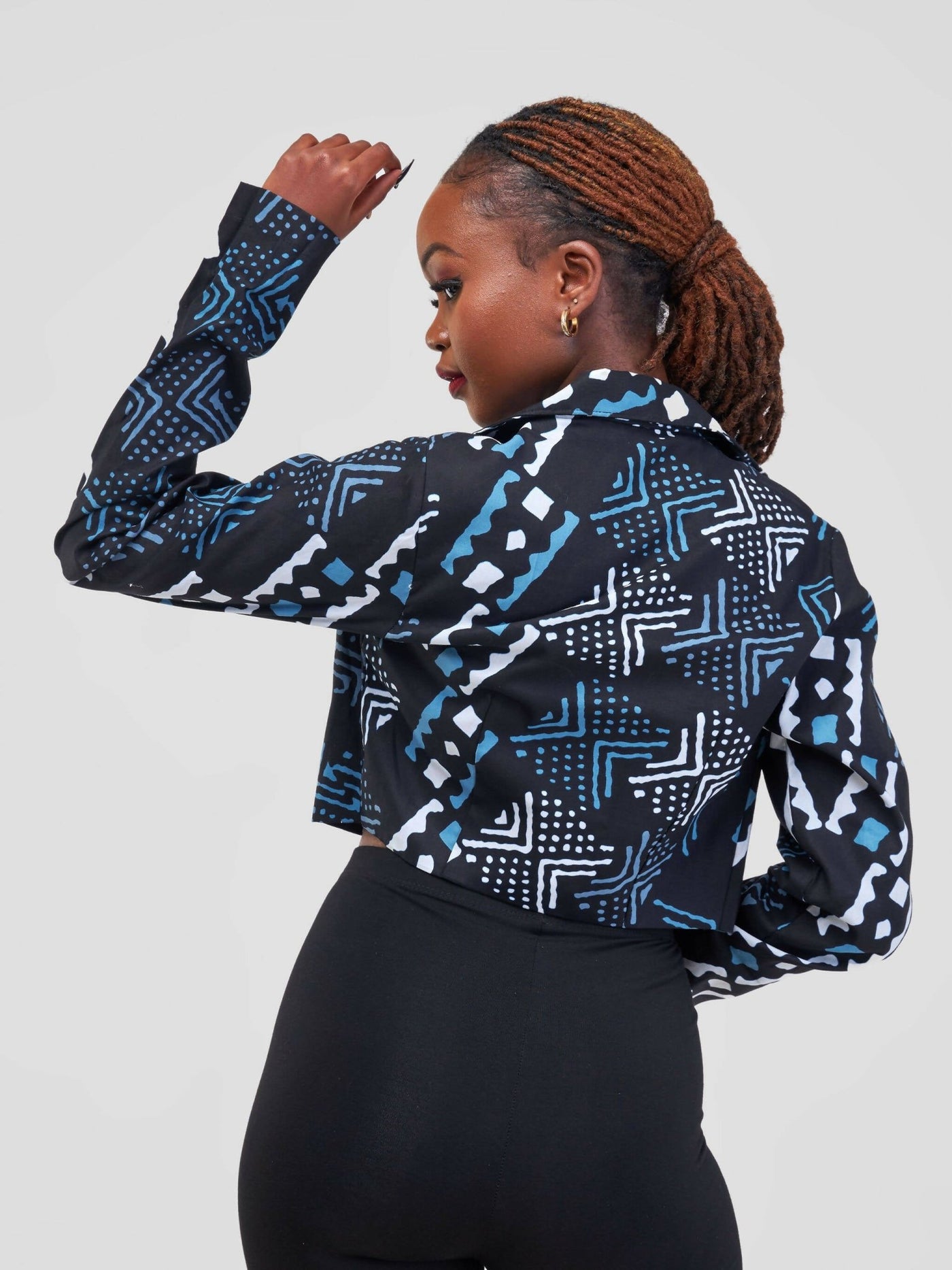 African Yuva Almasi African Print Crop Jacket - Navy Tribal Print - Shopzetu