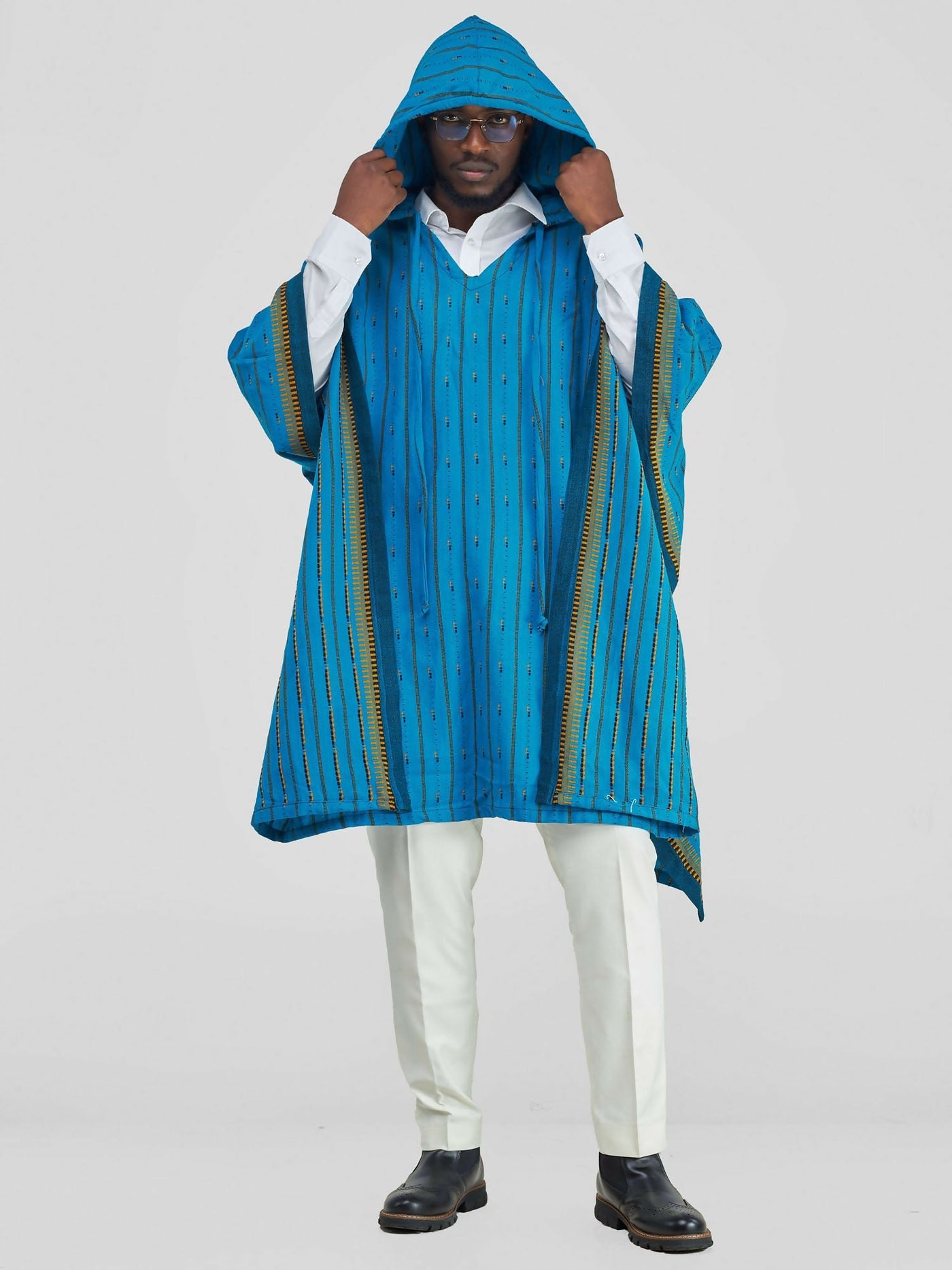 Tribal Print Poncho With Hoodie - Blue / Yellow - Shopzetu