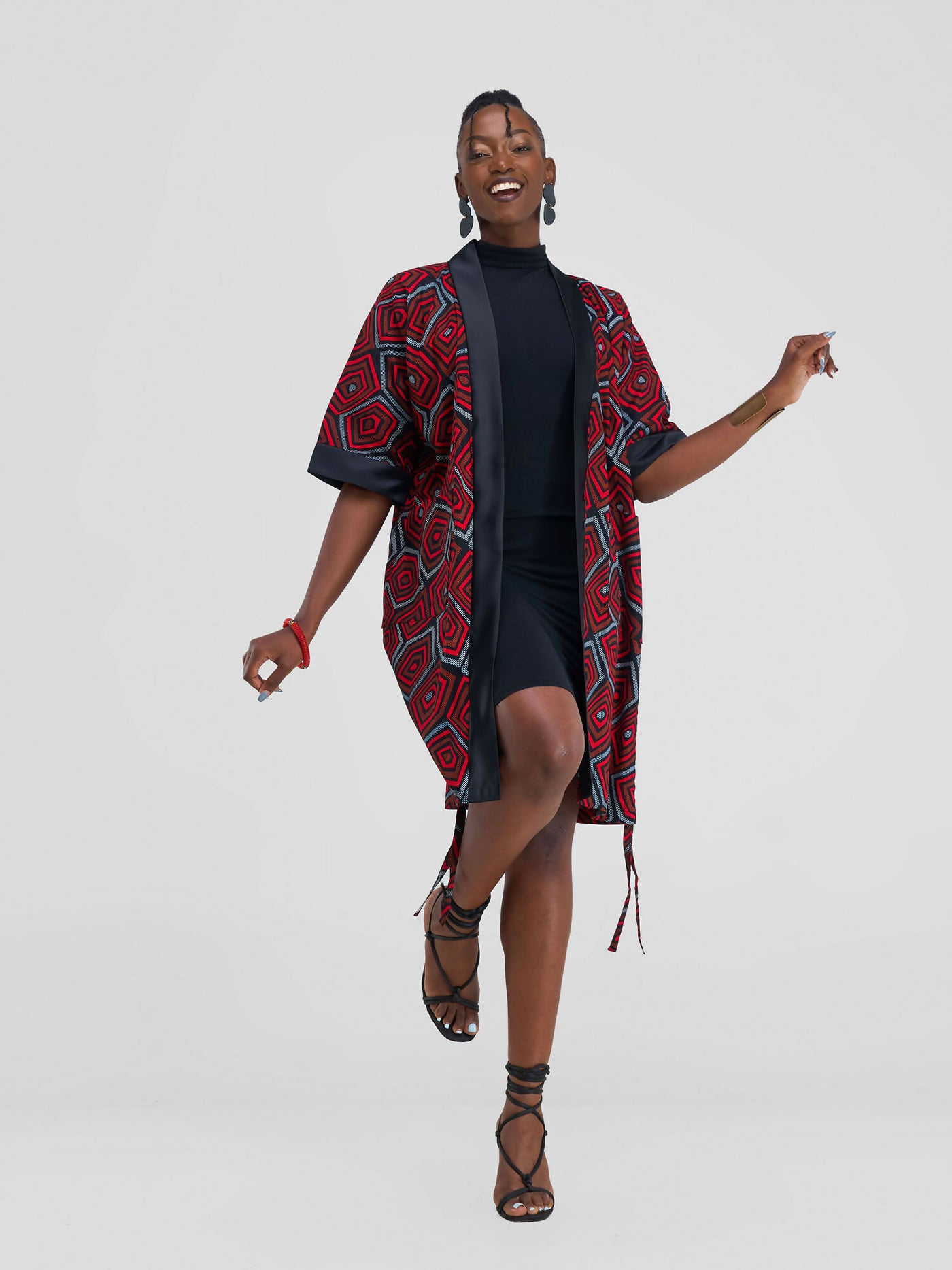 Caverroh Kafoina Kimono - Red / Brown Print - Shopzetu