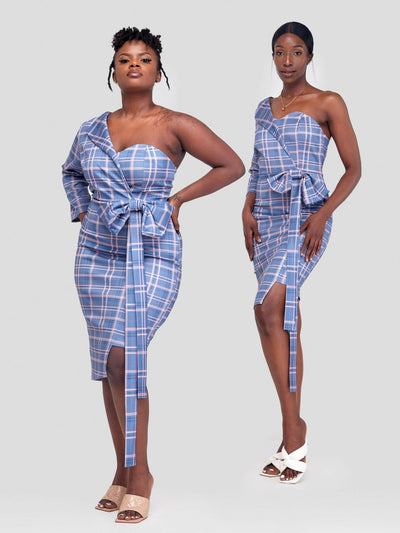 Bold N Chic One Shoulder Dress - Checkered Blue - Shopzetu