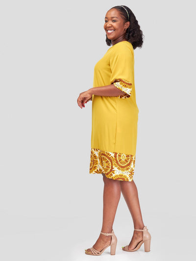 Vivo Zuri A-Line Dress - Mustard + Mustard / Brown Abstract Print - Shopzetu