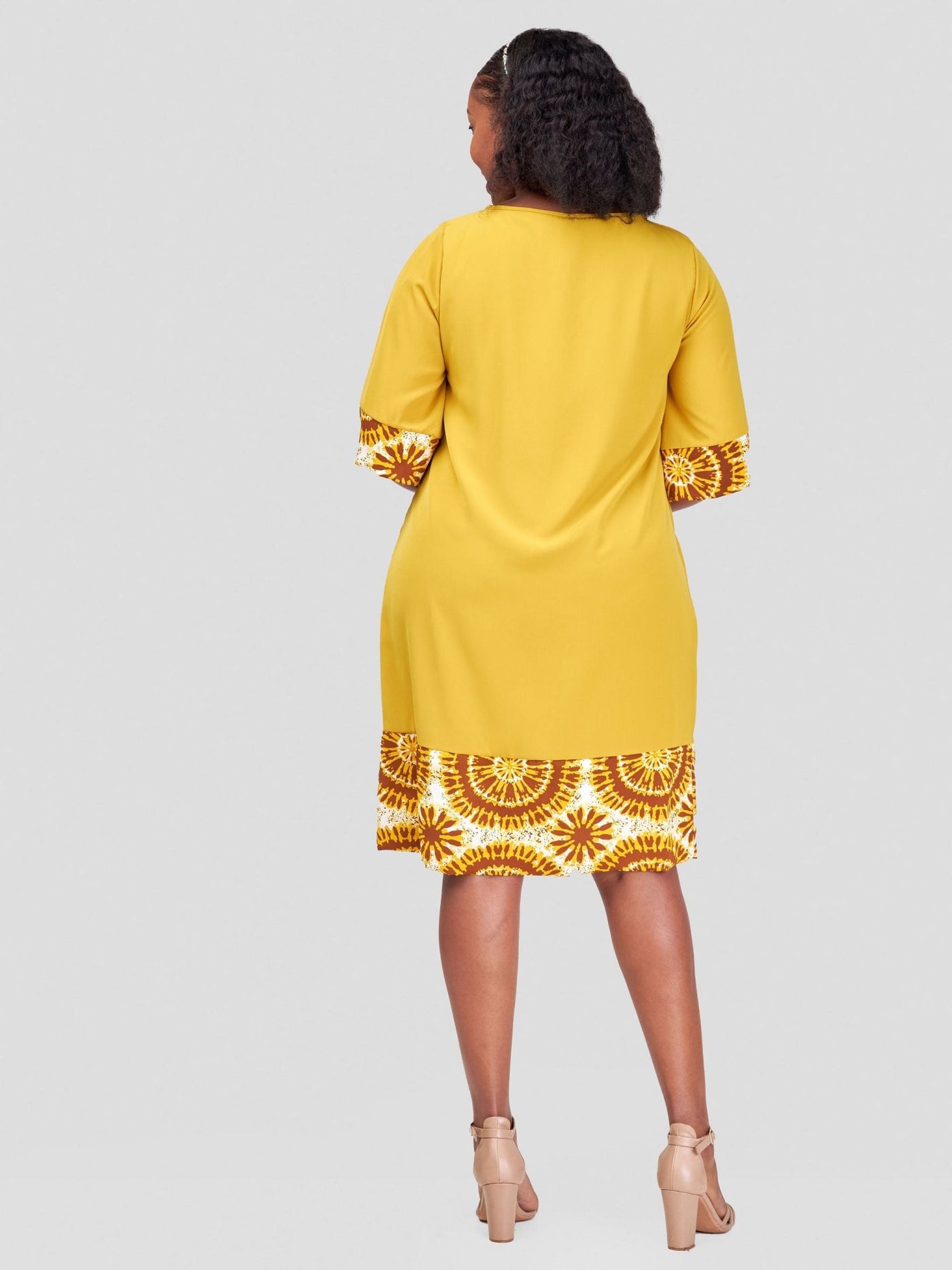 Vivo Zuri A-Line Dress - Mustard + Mustard / Brown Abstract Print - Shopzetu