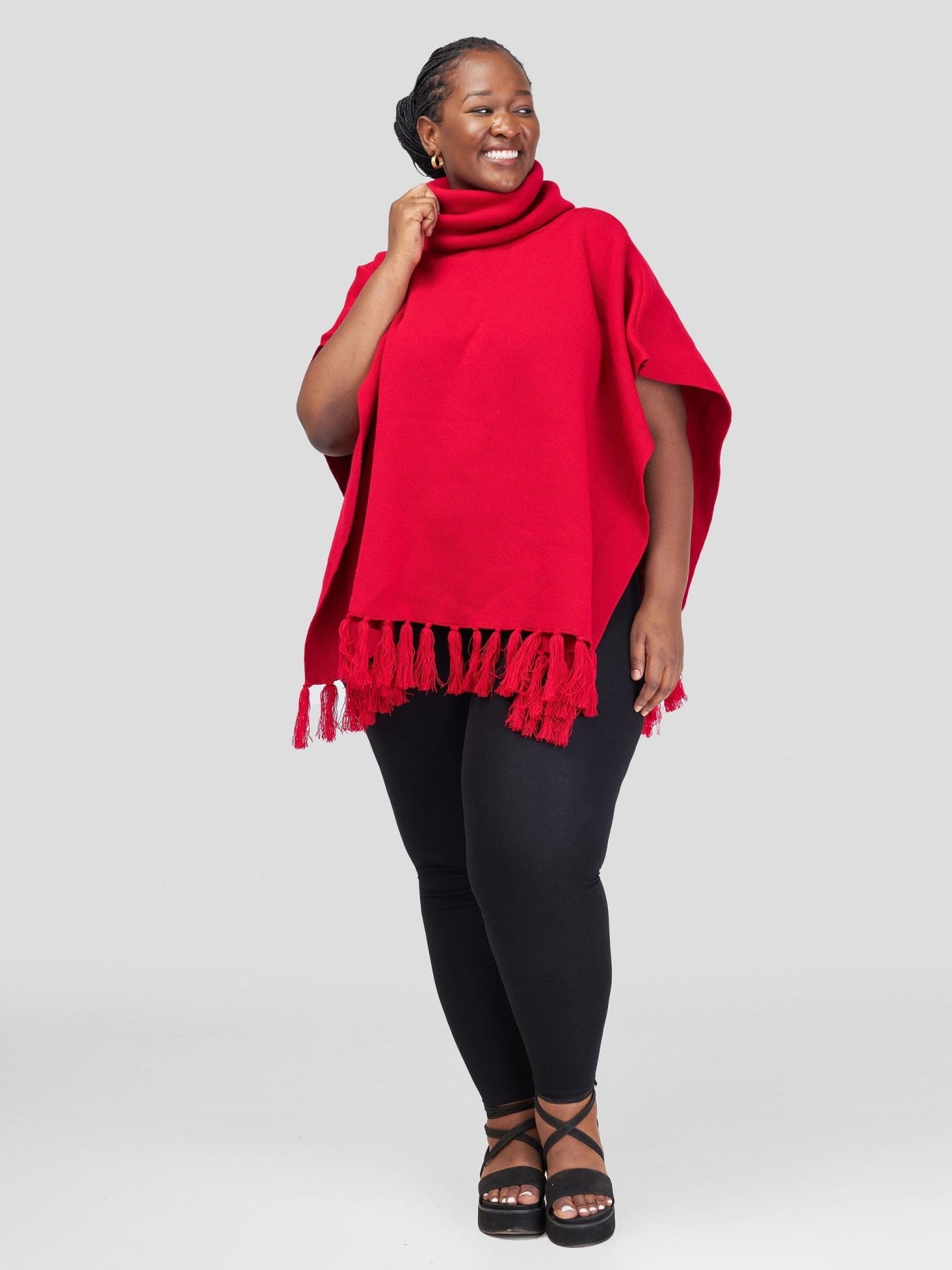 Vivo Turtleneck Knit Fringe Poncho - Dark Red - Shopzetu