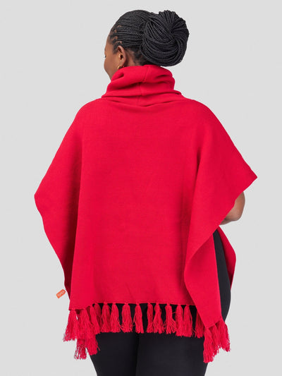 Vivo Turtleneck Knit Fringe Poncho - Dark Red - Shopzetu