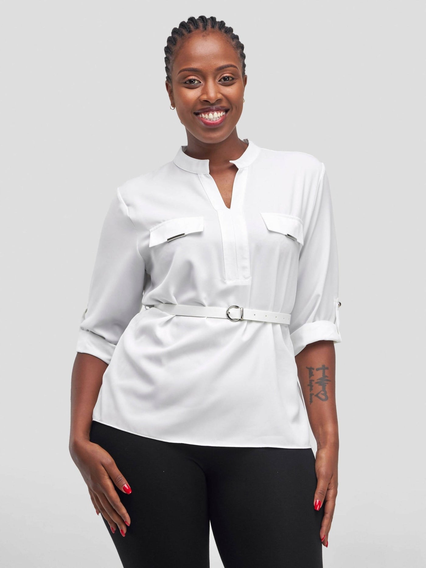 The Fashion Frenzy Belted Mock Pocket Long Sleeve Blouse - White - Shopzetu