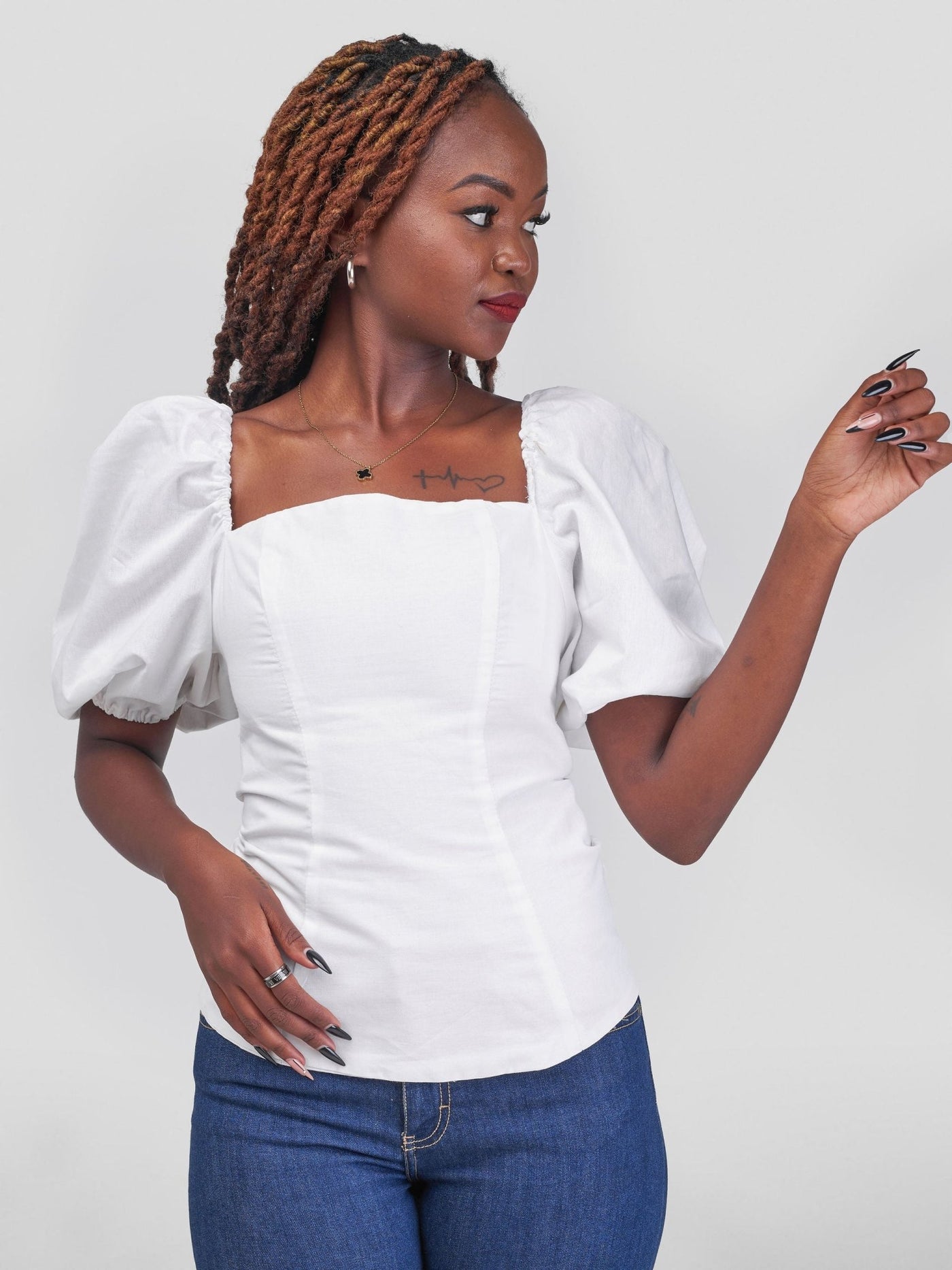 Zia Africa ''Coco Puffs'' Puff Sleeve Top - White - Shopzetu