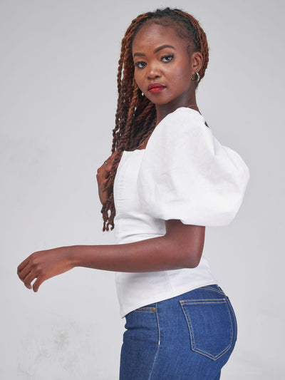 Zia Africa ''Coco Puffs'' Puff Sleeve Top - White - Shopzetu