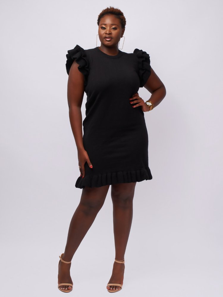 Tuli Rehema Ruffled Sweater Dress - Black - Shopzetu