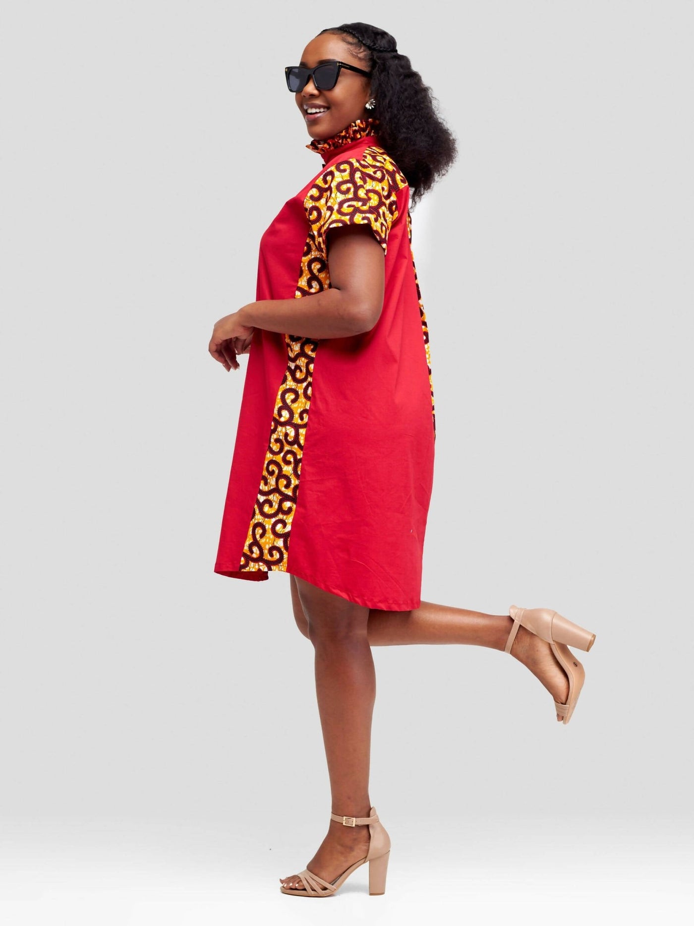 Vazi Afriq Cotton Ankara Shirt Dress - Orange / Red Print - Shopzetu