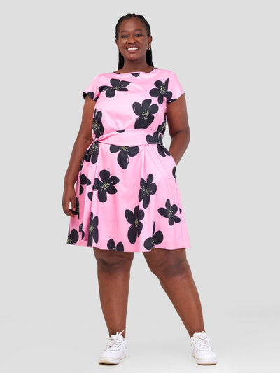 Vivo Basic Cap Sleeve Knee Length Dress - Pink / Black Floral Print - Shopzetu