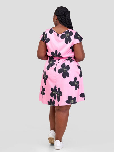 Vivo Basic Cap Sleeve Knee Length Dress - Pink / Black Floral Print - Shopzetu