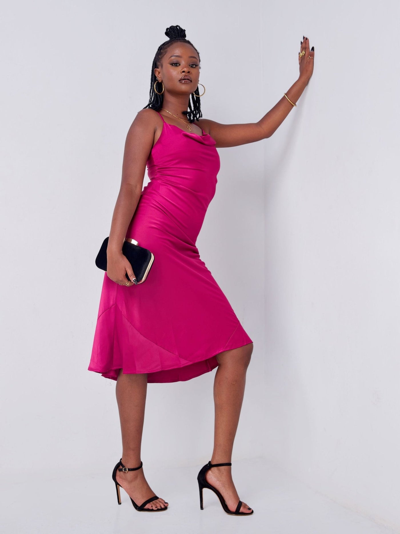 Lola Satin Cowl Neck Slip Dress - Pink - Shopzetu