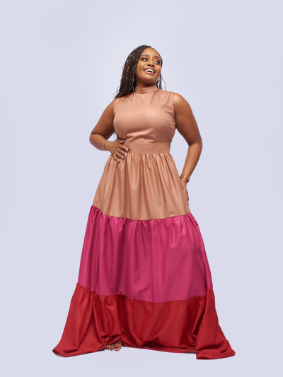 Tuli Karimi Tiered Maxi Dress - Beige & Pink & Red - Shopzetu