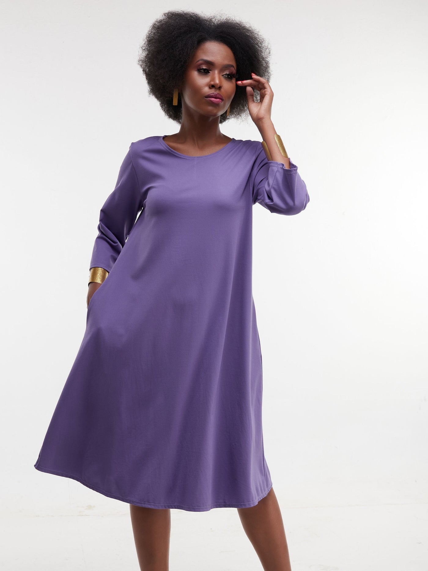 Vivo Basic 3/4 Sleeve Kena Tent Knee Length Dress - Purple