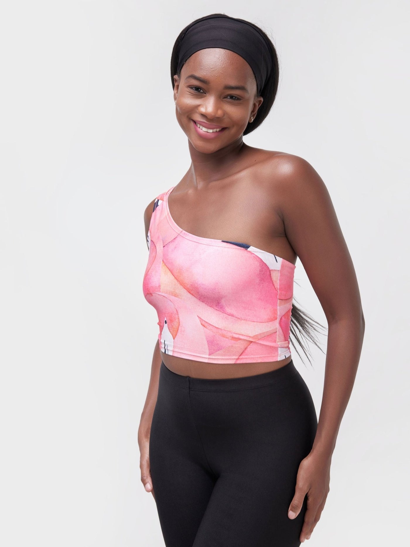 Zoya Athleisure One Shoulder Crop Top - Flamingo Print - Shopzetu