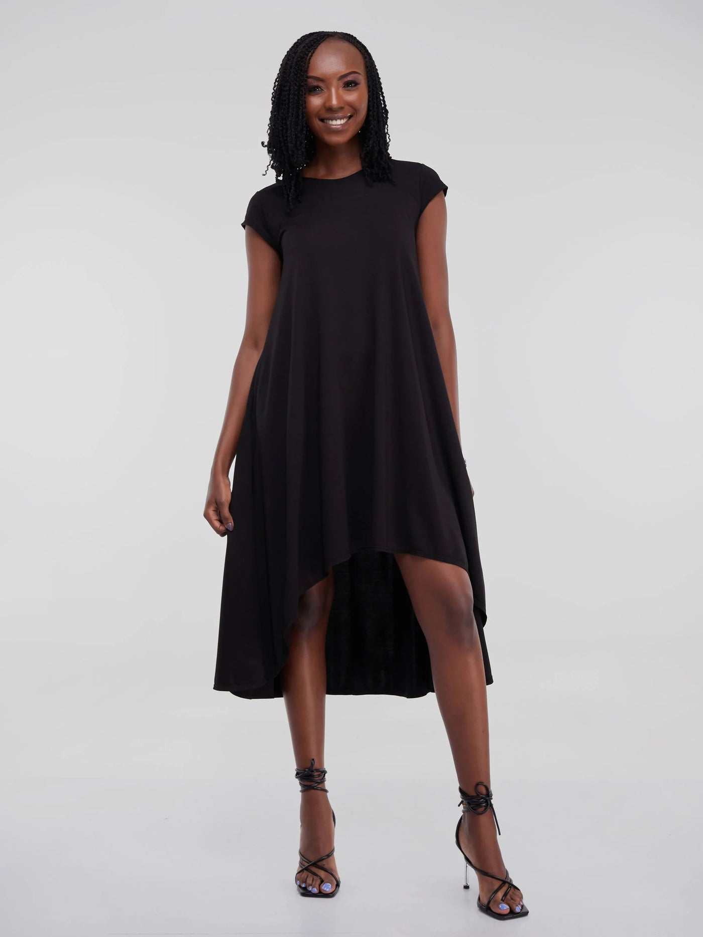 Vivo Ponte Back Pleat High Low Dress - Black - Shopzetu