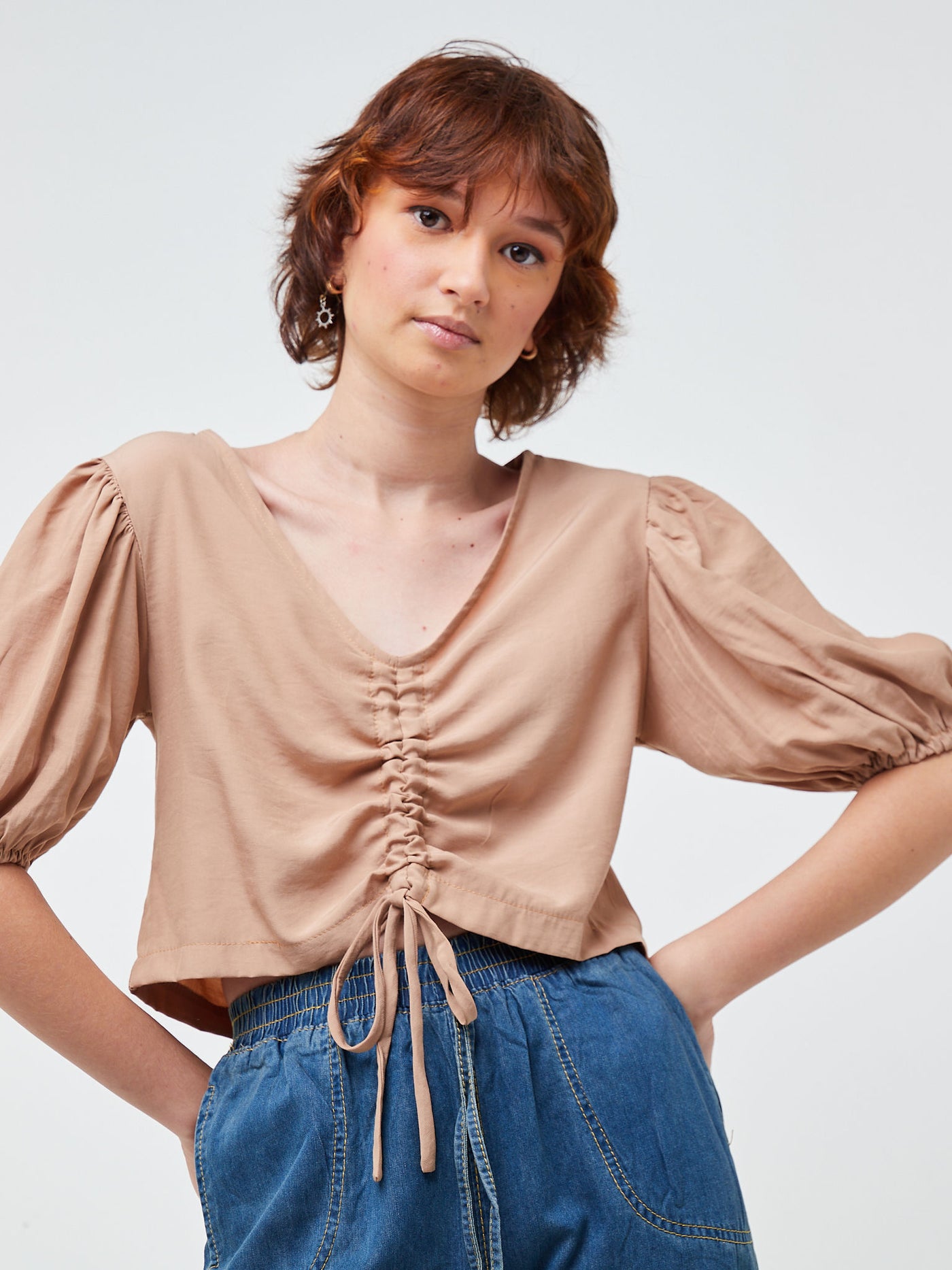 Anika Puffed Sleeve Crop Top with Centre Draw String  - Camel