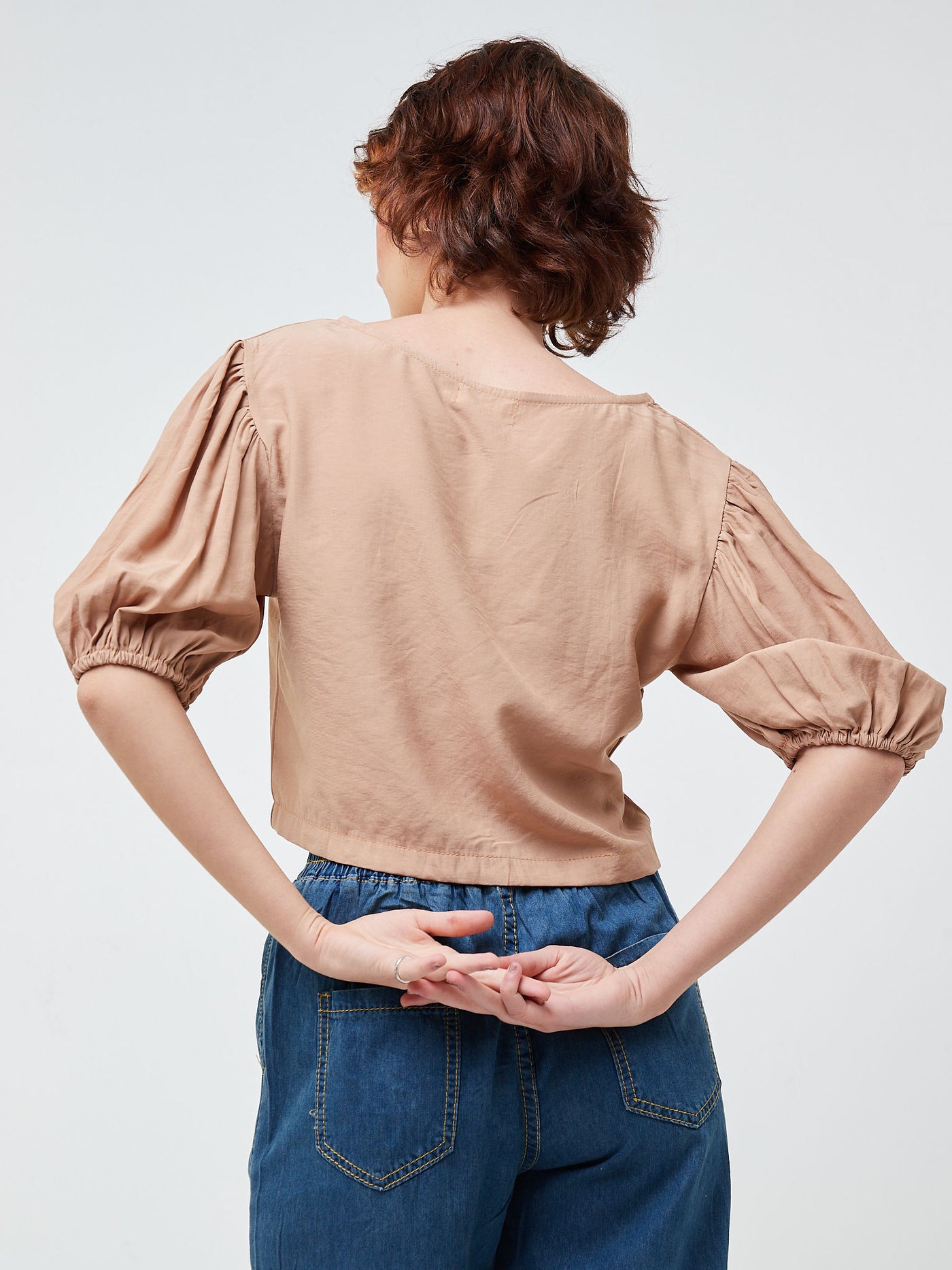 Anika Puffed Sleeve Crop Top with Centre Draw String  - Camel