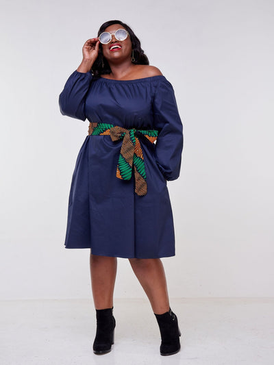 Safari Tawi Off Shoulder Knee Length Dress - Navy Blue - Shopzetu