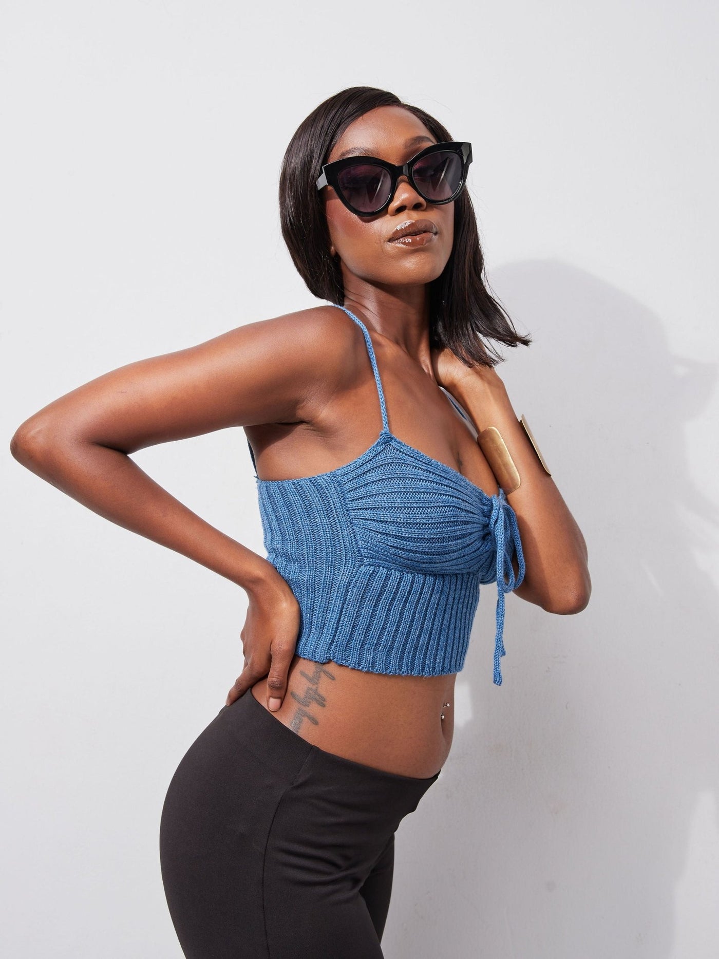 Lola Knit Double Strap Halter Neck Crop Top - Cobalt Blue - Shopzetu