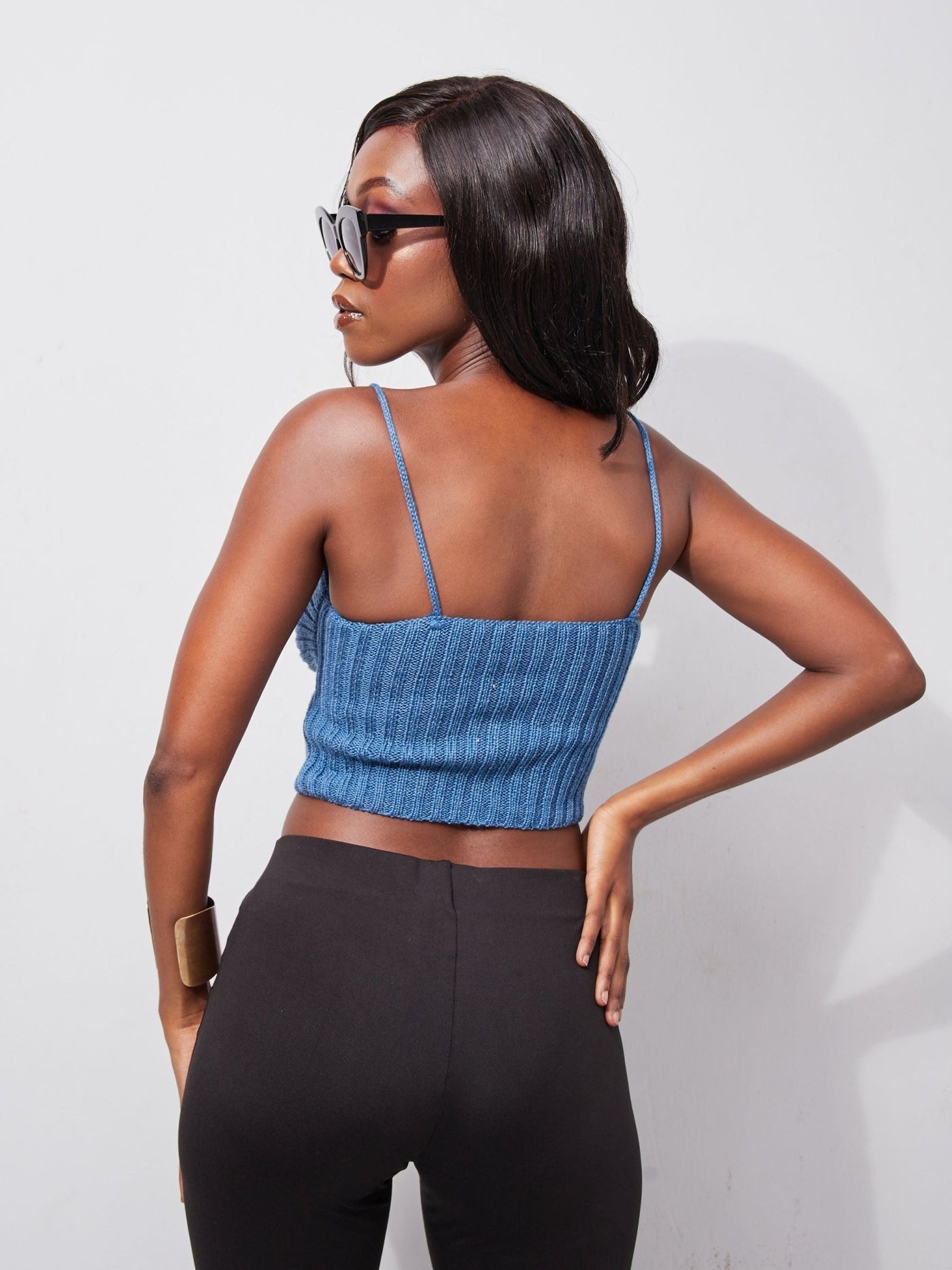 Lola Knit Double Strap Halter Neck Crop Top - Cobalt Blue - Shopzetu