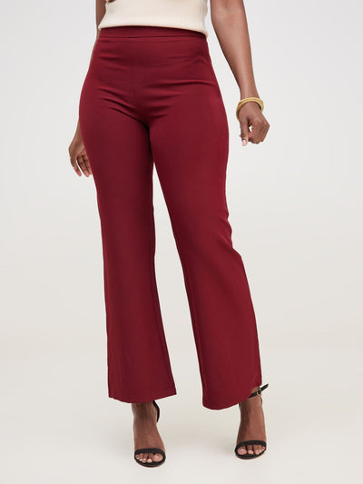 Anika Boot-Cut Dress Pants With Zipper on the Side - Dark Red - Shopzetu
